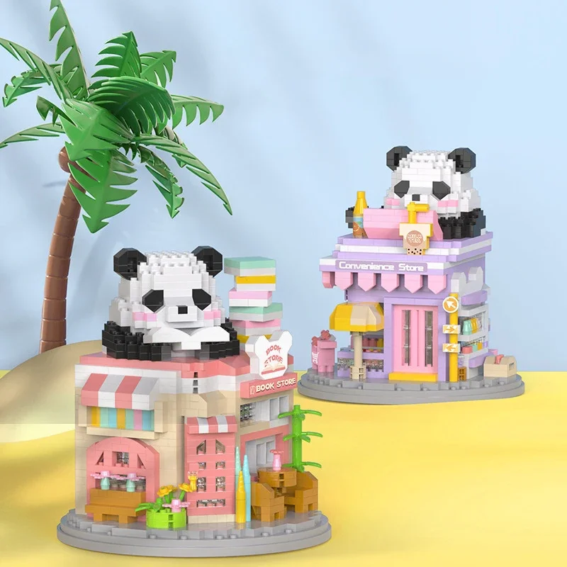 Cartoon Panda House Street View Building Blocks Miniature Scene DIY Assembly Model Educational Children's Toy Birthday Gift