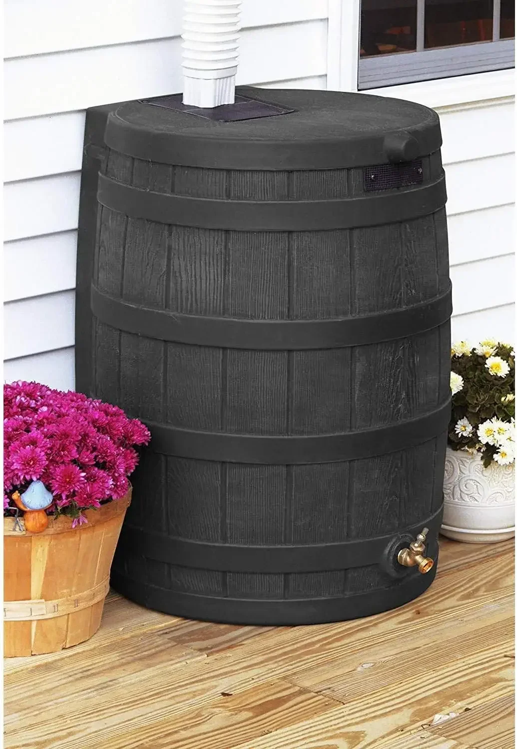 Rain Wizard 50 Gallon Plastic Outdoor Home Water Storage Tank Rain Barrel Collector with Brass Spigot and Flat Back Design, Blac