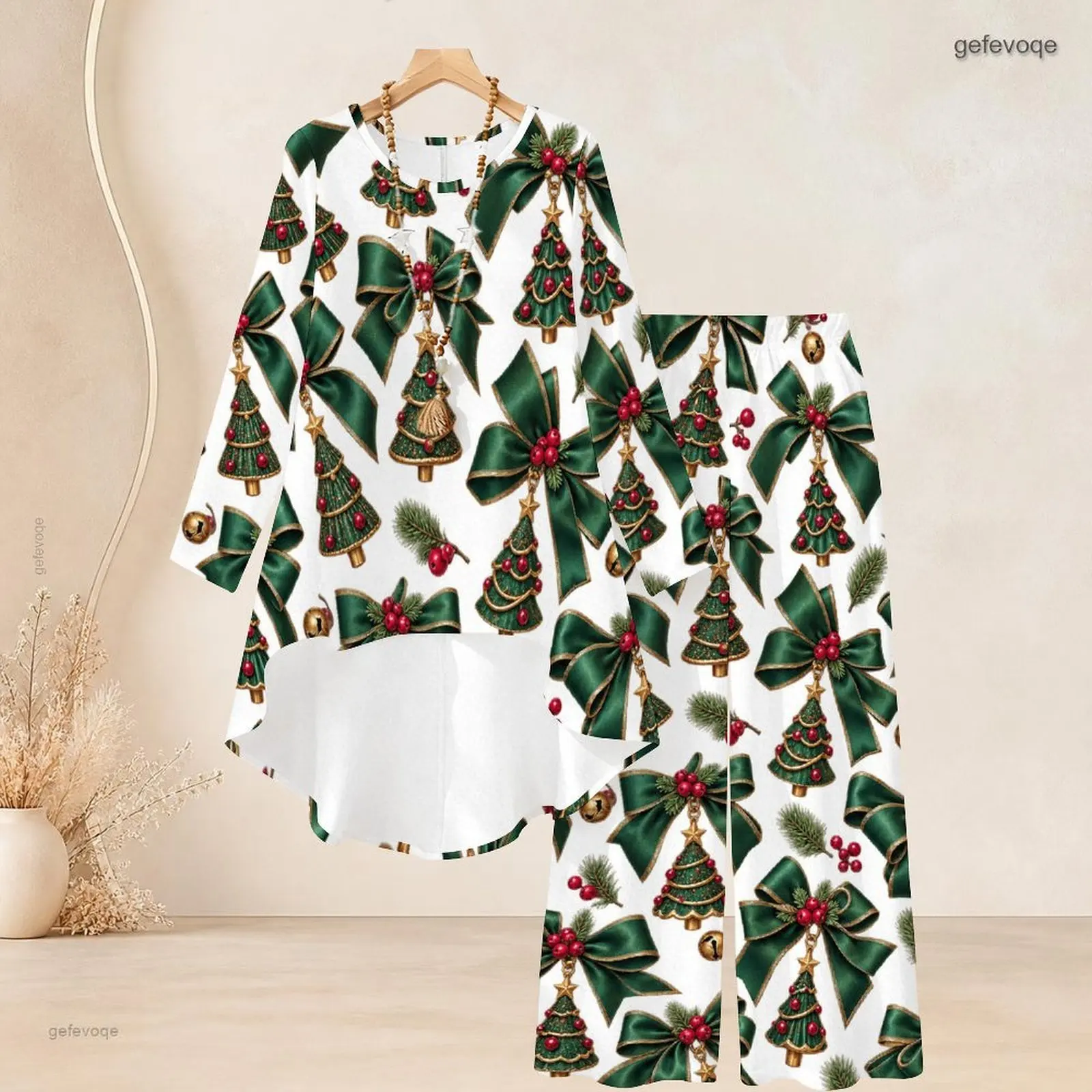 Women Christmas Tree Waffle Berry Print Round Neck 3/4 Sleeve Top Wide Leg Pants Two Piece Set