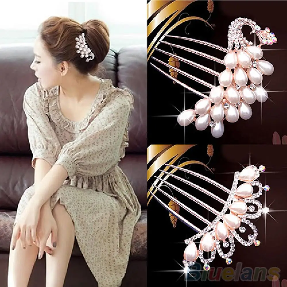 Bridal Rhinestone Faux Pearls Hairpin Flower Peacock Hair Clip Comb Head Jewelry Girls Wedding Hair Accessories