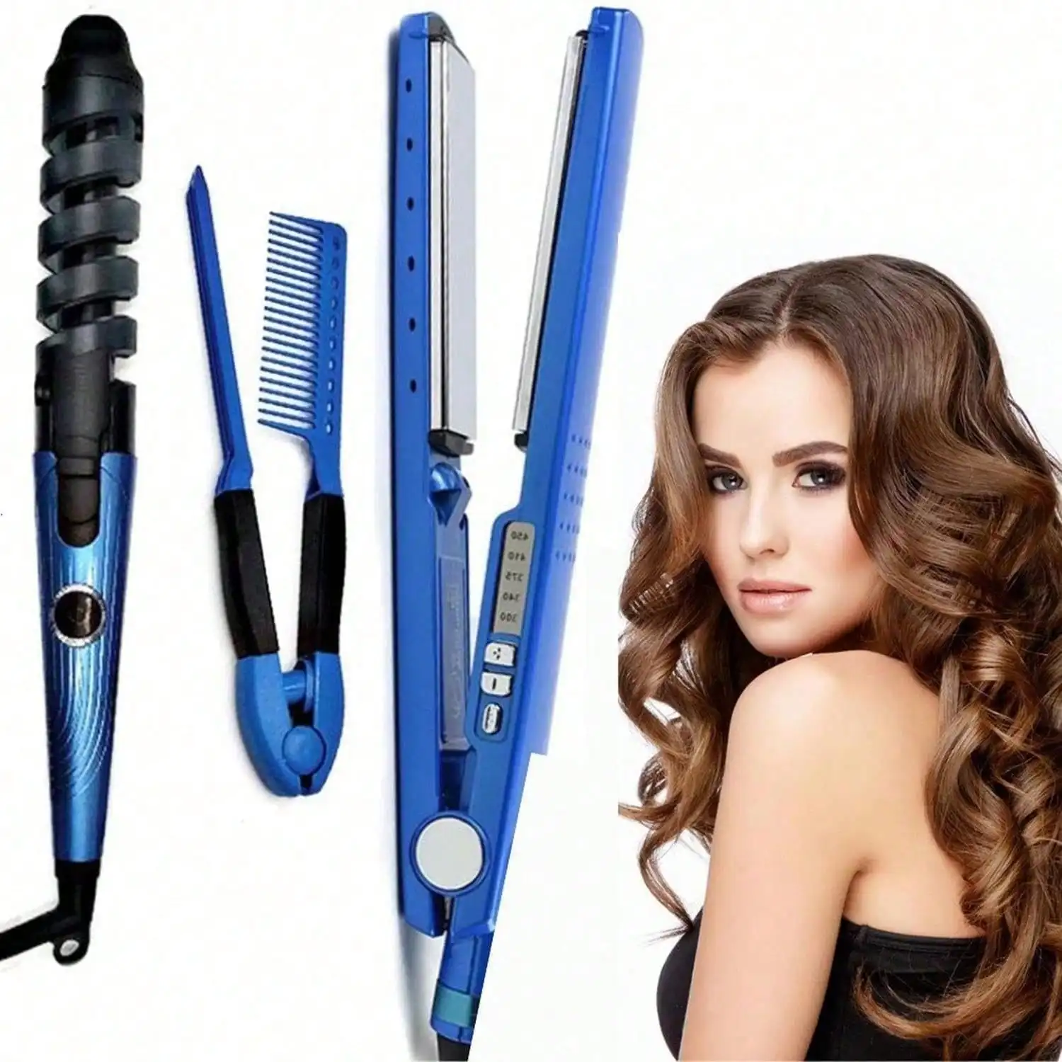 3 In 1 Titanium Alloy Hair Styling Set Curling Iron Flat Iron Dual Purpose Straightener With Spiral Curling Wand Detachable Comb Fast Heating Professional Tool Kit For Versatile Hairstyles Home Travel Salon Use