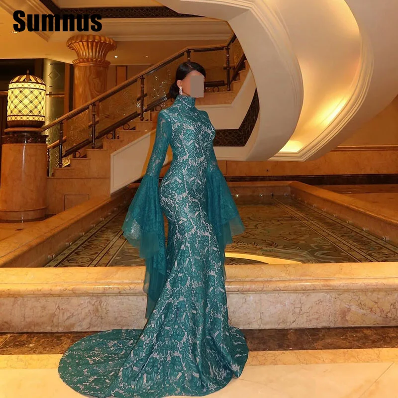 

SUMNUS Elegant Green Mermaid Evening Dress Backless Lace Floor Length Celebrity Dresses Long Sleeves Formal Gowns Customized