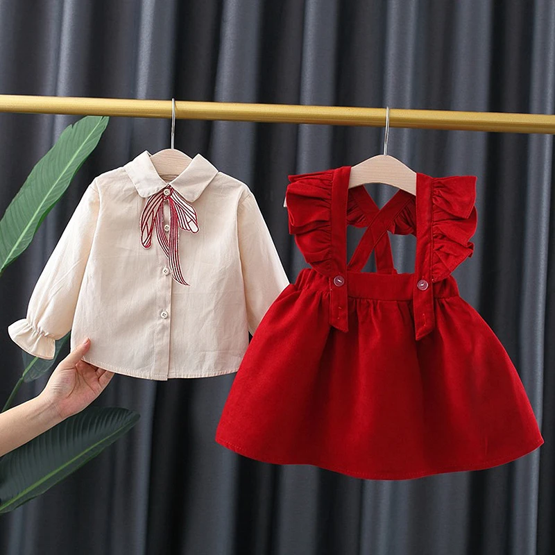 1 2 3 4 Years Baby Girls Clothing Sets Spring Long Sleeved Tops And Overalls Little Princess Suits Birthday Party Kids Clothes