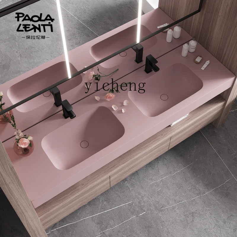 HYS pink matte Qimei stone basin integrated wall-mounted bathroom cabinet wash sink