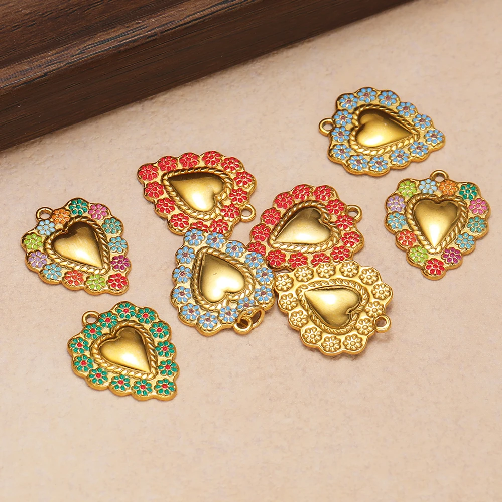 5 Stück Edelstahl-Herzanhänger mit Emaille-Blumen-Charms für DIY Vintage-Schmuckherstellung, Zubehör für Halsketten, Armbänder und Ohrringe – Detail 4