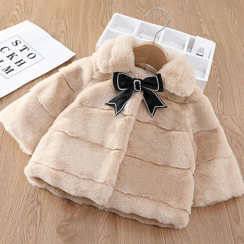 New Autumn Winter Warm Faux Fur Coat For Girls Jacket Baby Snowsuit Sweet Christmas Princess Outwear 1-5 Years Kids Clothes