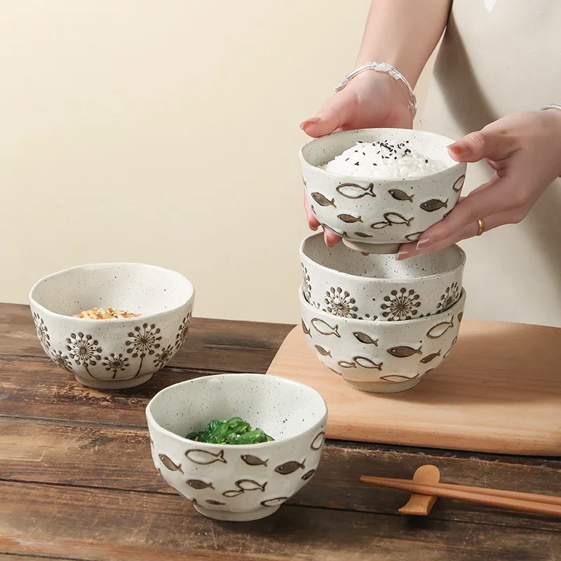 

1 Piece Stoneware 4.5 inch Rice Bowl Ceramic Bowl Home Restaurant Hotel Tableware Single Bowl Soup Bowl with Dandelion Fish Dec