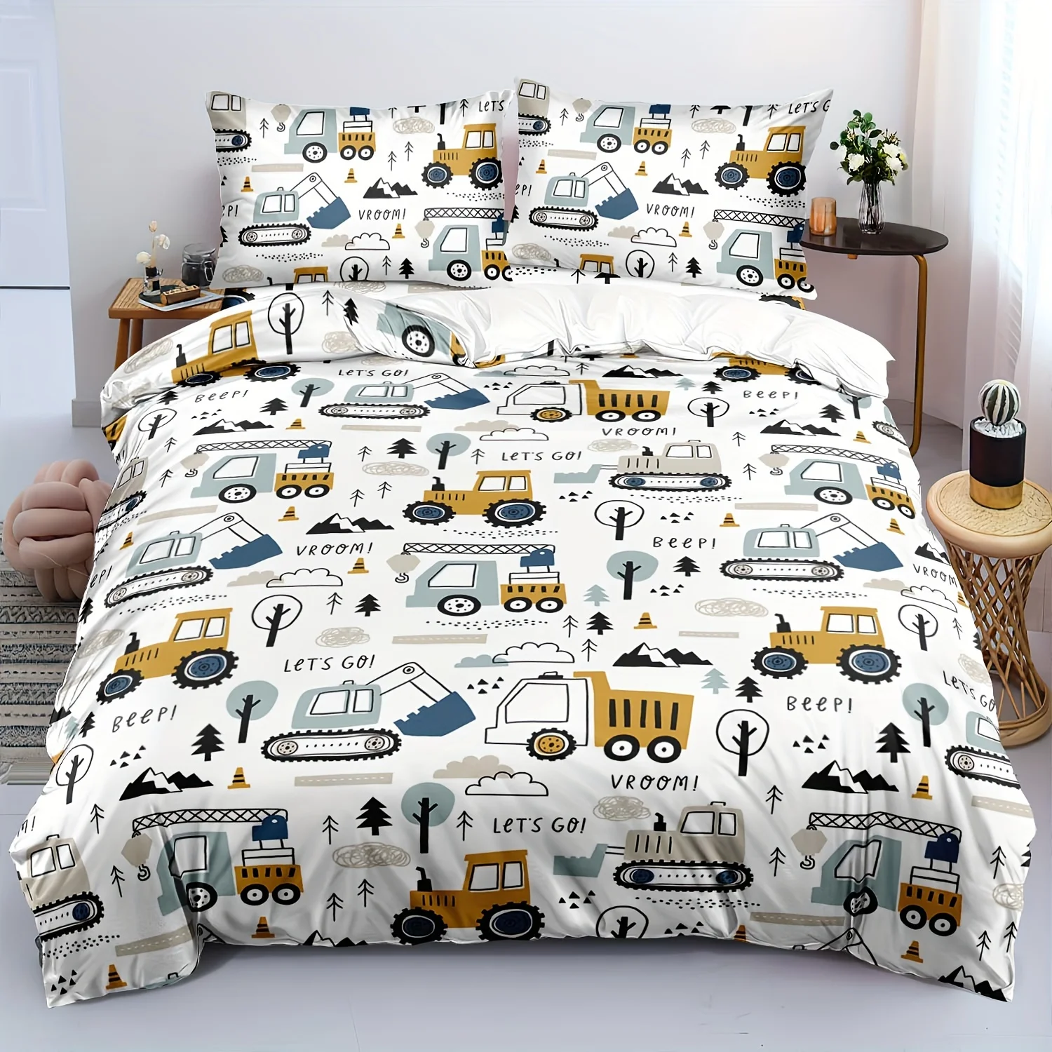 3pcs Duvet Cover Set Construction Tractor for Twin Bed - Breathable Polyester Machine Washable Zipper Closure