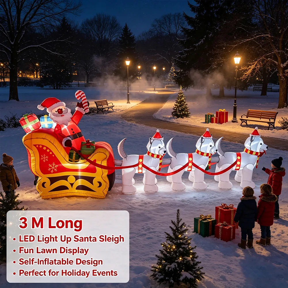 3M Inflatable Christmas Santa Sleigh with Dogs, Blow Up Yard Decor with LED Lights
