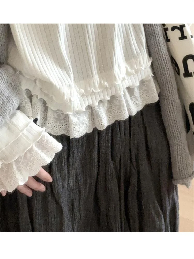 White Lace Trim Long Sleeve T-Shirt Women's Spring 2026 New Style Striped Inner Wear Top Korean Style Straight Cut Commute Wind