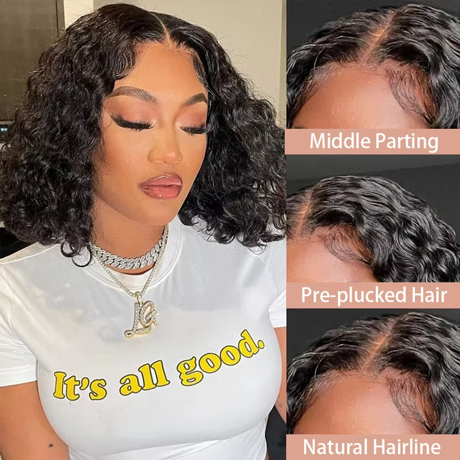 200% Deep Water Wave Short Curly Bob Wig 13x4 Lace Frontal Wig Brazilian 100% Human Hair 4x4 Transparent Lace Front Wigs 14 Inch