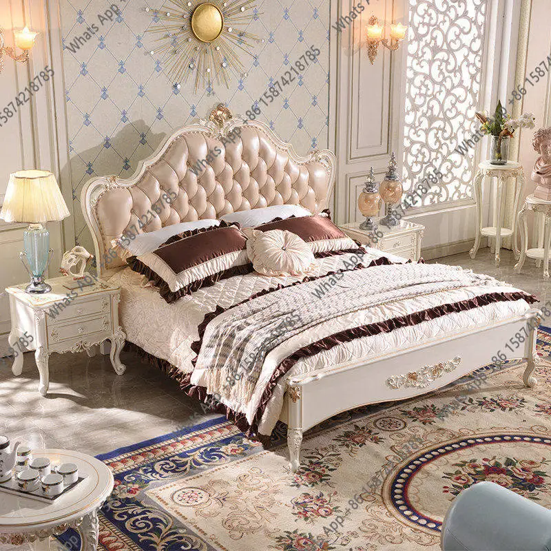 

European bed double master bedroom 1.8 meters 1.5 meters wedding all solid wood leather bed carved pearl white assembly