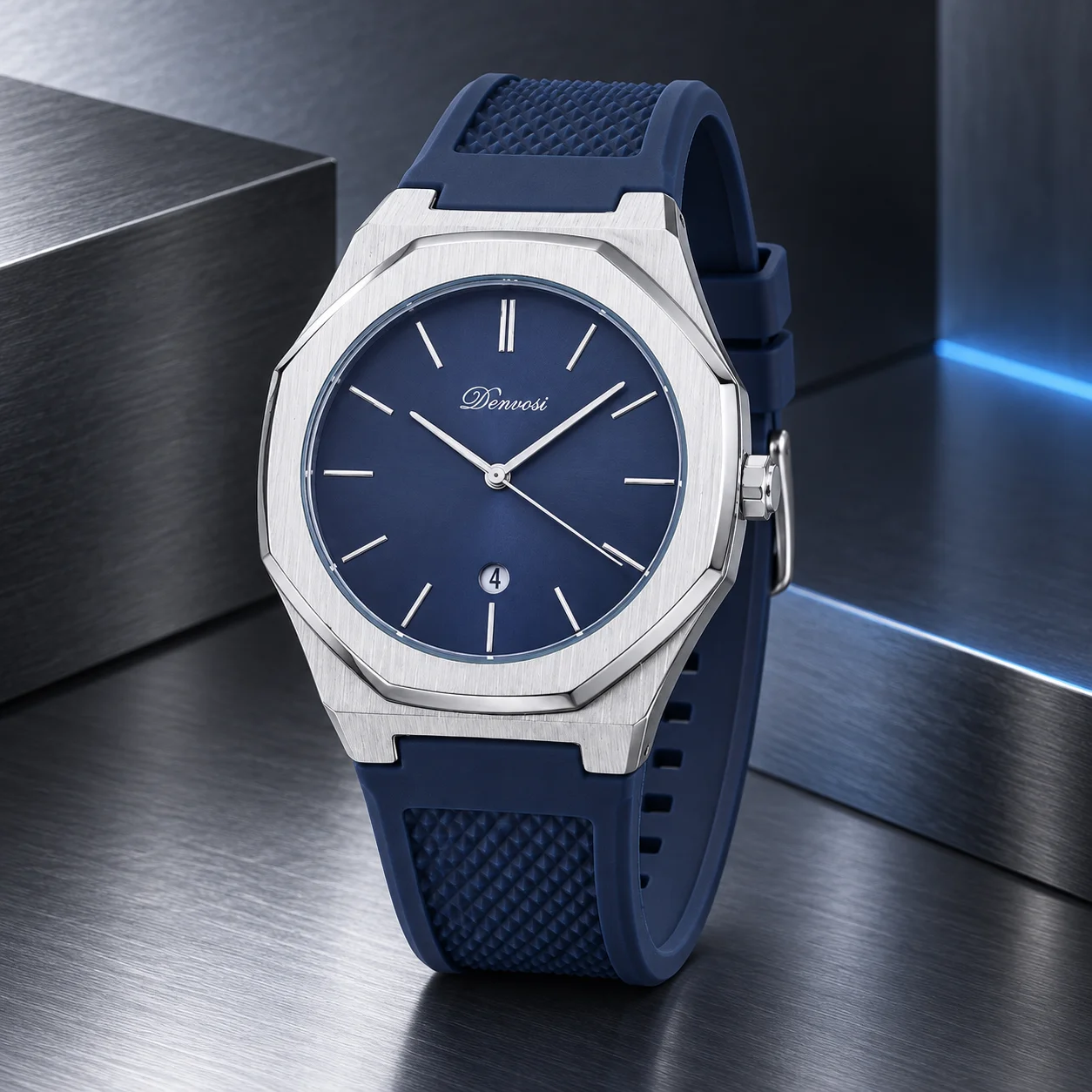 DENVOSI Men's Fashion Quartz Watch Geometric Octagon Case Rubber Strap Calendar Casual Sport Watch Gift for Men