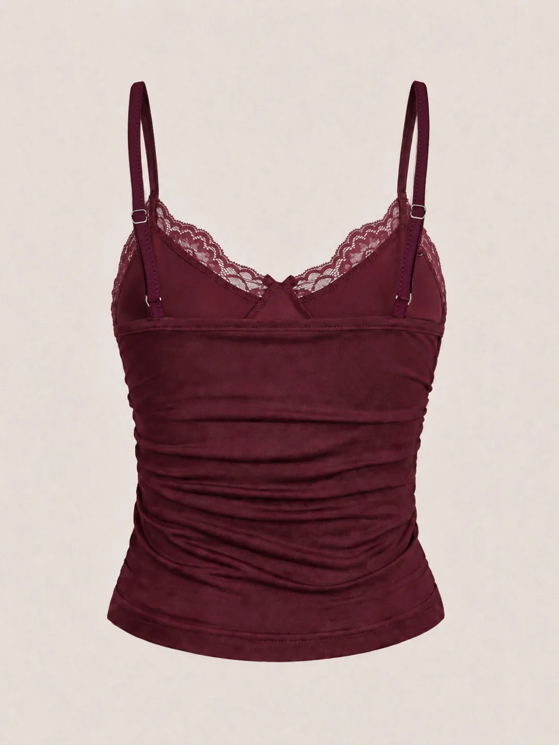 Women's Wine Red Smooth Satin-textured Cami Top, Floral Lace V-Neck Tiny Bust Bow Waist Ruched Slimming Plus Size Spaghetti Stra