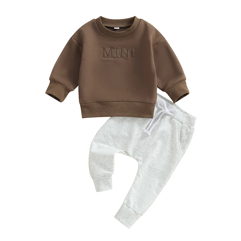 Toddler Handsome Baby Boy Round Neck Long Sleeve Solid Color Elastic Outfit Clothes Pullover Sweatshirt Jumper Trousers Pants