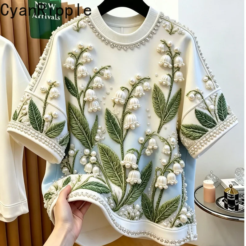 Small Fresh 2026 New Summer All-match Women Short Sleeve T-shirt Luxury Round Neck Elegant Floral Beading Casual Basic Tops