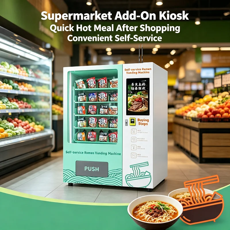 Noodle Making Vending Machine, Hot Water Outlet, Snack Container Box, Self-Order Kiosk for Workspace Zone