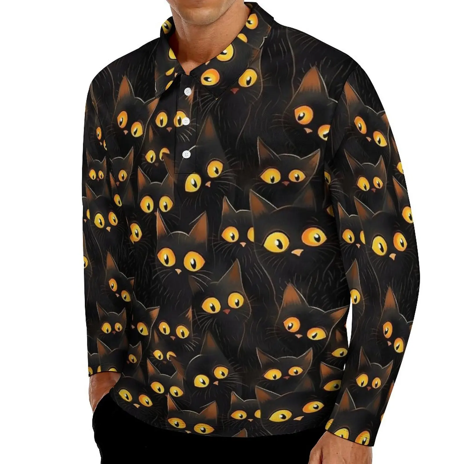 Halloween Dark Cats Polo Shirt Men  Casual Shirt Autumn Vintage Turn-Down Collar Long Sleeve Graphic Oversized T-Shirts