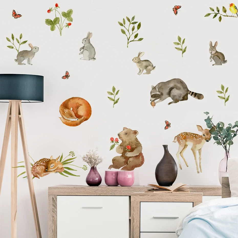 الكرتون الغابات الحيوانات الغزلان الثعلب الأرنب يترك المائية ملصقات الحائط للأطفال غرفة الطفل غرفة الحضانة جدار الشارات ديكور المنزل