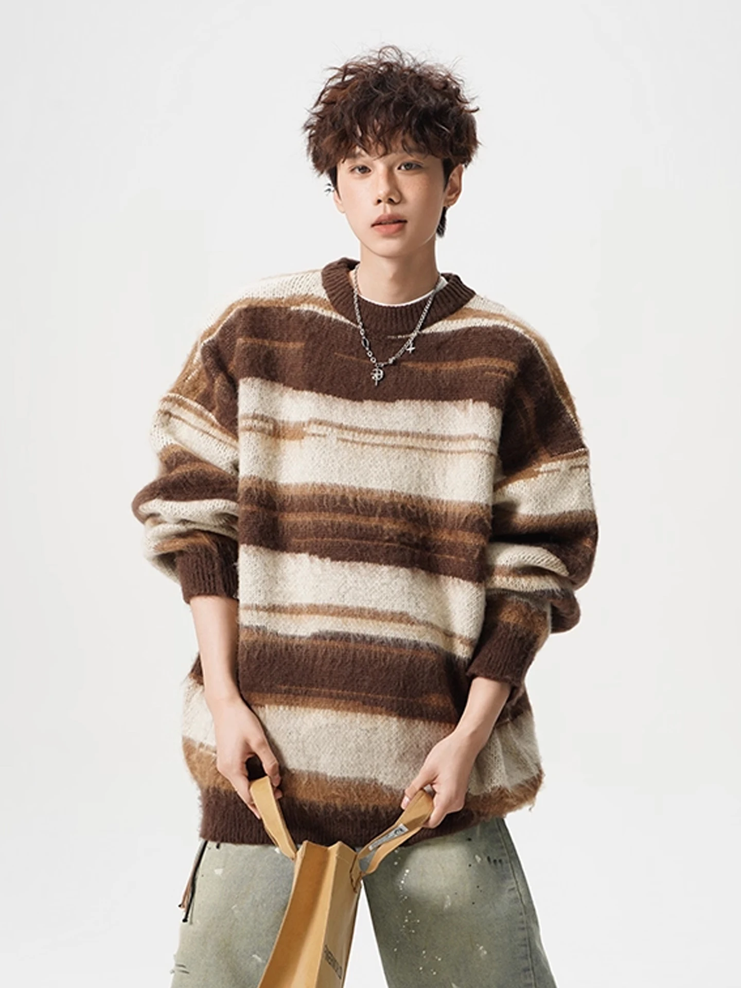 2025 Autumn Winter New Men's Crew Neck Long Sleeve Brown Soft Sweater Loose Casual Daily Striped Black Knitwear