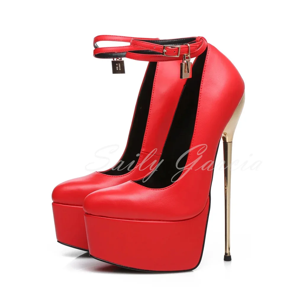20cm Black Platform Pumps with Locking Ankle Strap Pumps Women Sexy Round Toe Metal Extreme High Heel Nightclub Dress Shoes
