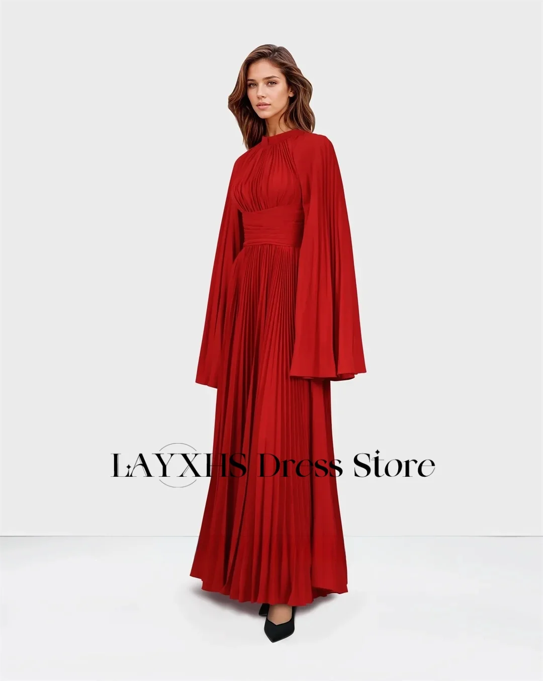 LAYXHS Mode Rode O-hals Avondjurken A-lijn Lange mouwen Plooien Enkellange Galajurken Op maat gemaakt فساتnement