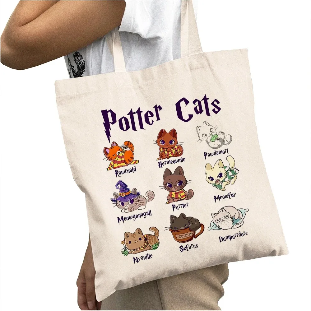 

Casual Cartoon Potter Cats Women Shopping Bags Double Print Casual Girl Tote Handbag Big Capacity Lady Shopper Bag