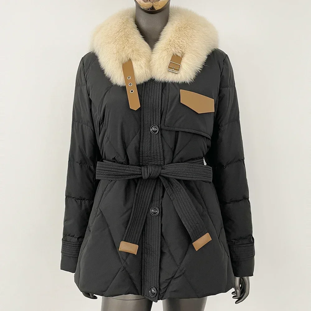Doudoune en Duvet de Canard Blanc pour Femme, Manteau Chaud et Épais en Vraie Fourrure de Renard, à Lacets, à la Mode, Automne Hiver