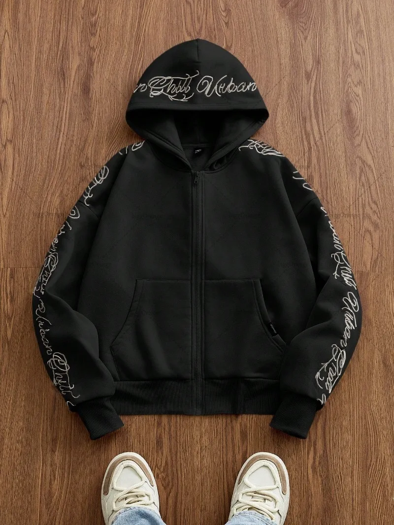 هاي ستريت تريند ملابس الشارع الشهير للرجال الأمريكية الرجعية إلكتروني التطريز عادية قلنسوة بسحاب هوديي Harajuku Y2K البلوز المتضخم