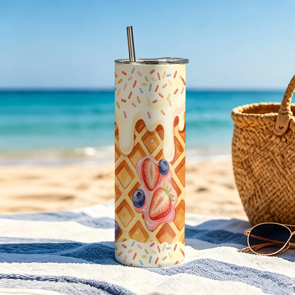 1pc/20Oz/590Ml/Double Wall Stainless Steel Insulated Skinny Tumbler with Straw And Lid, Outdoor Travel Coffee Mug, Festive Gift-Style Design with Waffle Texture, Dripping Cream, Berry Toppings And Colorful Sprinkles