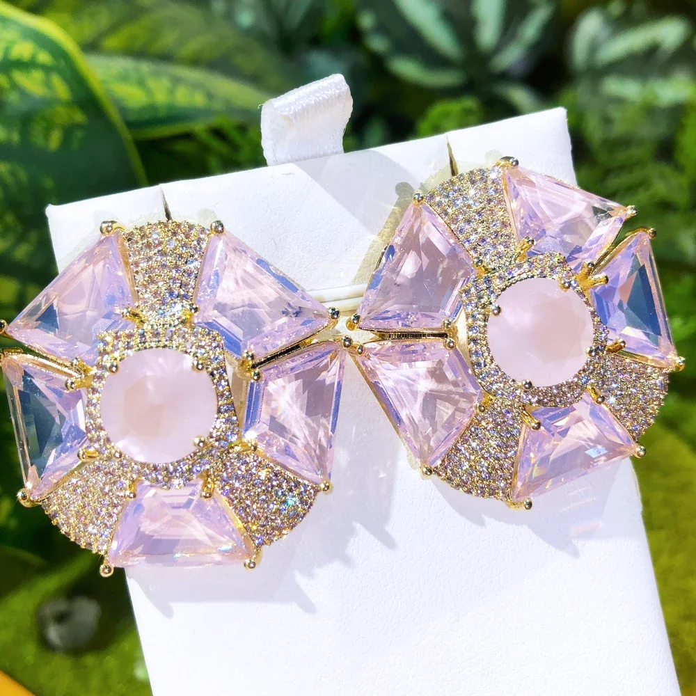 

Soramoore Luxury Trendy Round Pink Green Earrings For Women Girl Daily High Quality Gorgeous Full CZ Noble Lady Bridal Jewelry