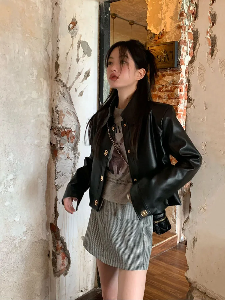 Zwarte PU lederen jassen dameskleding lange mouw kraag streetwear uitloper casual mode harajuku y2k jassen tops