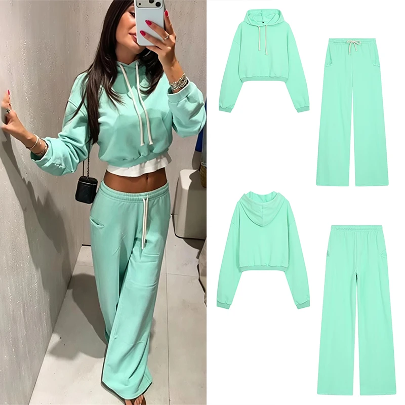 Guobioziy Women's Fluorescent Crop Sweatshirt Set 2026 Spring-Autumn Collection European Casual Daily Fashion Slim Tassel Street
