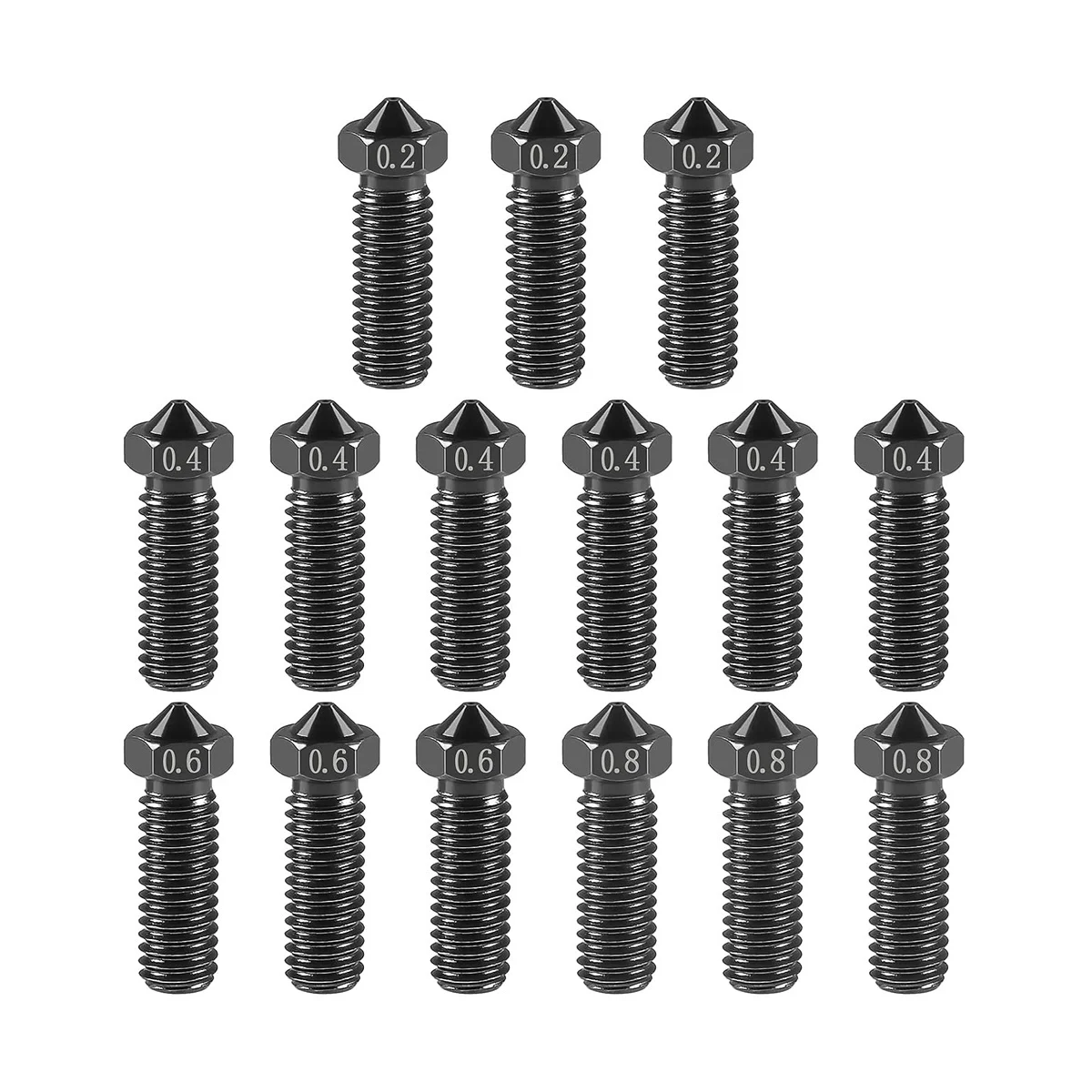 

15Pcs V6 For VOLCANO Nozzle Kit M6 Thread Hardened Steel Nozzles 0.2mm 0.4mm 0.6mm 0.8mm Extra Extruder Nozzles