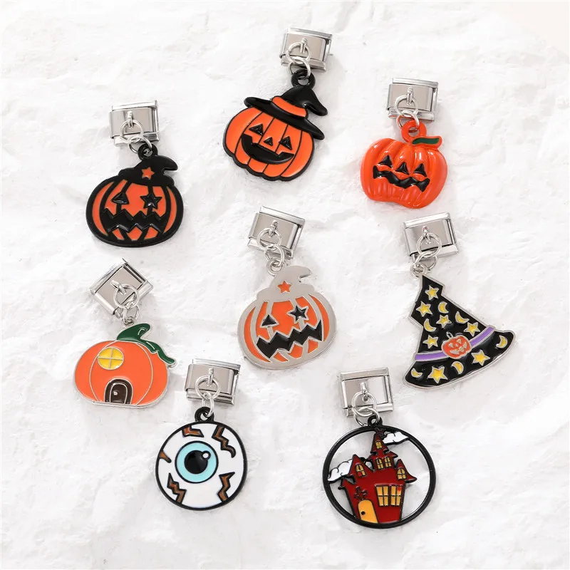 Paderison Halloween Series Hat Castle Ghost Pumpkin Italian Charm Links Fit 9mm Bracelet Stainless Steel DIY Jewelry Making