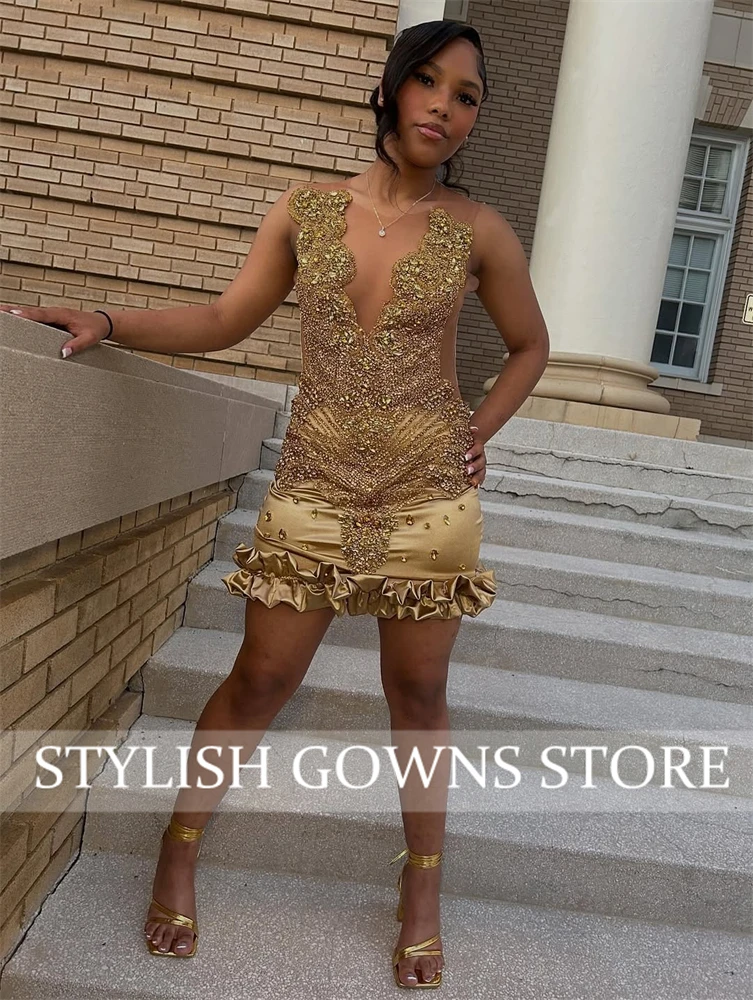 흑인 소녀를 위한 금색 짧은 프롬 드레스, 비즈 크리스탈 장식, 2025년 생일, 고급 드레스, 러플, 정장 가운, 미니 홈커밍 드레스, 맞춤 제작