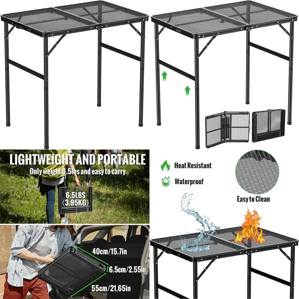 

Portable Folding Camping Table with Adjustable Height and Heat-Resistant Mesh, Perfect for Outdoor BBQs and Picnics, Black, 35L