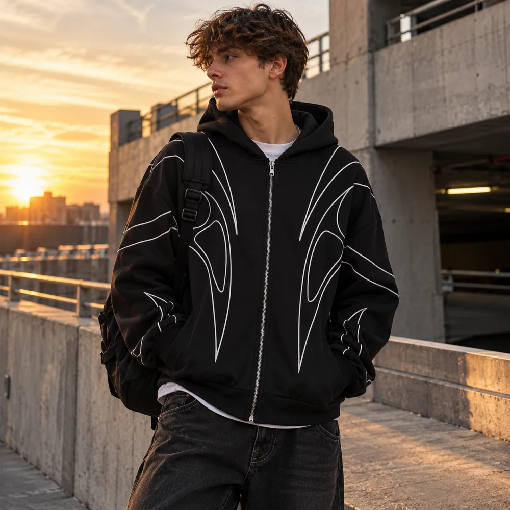 Trendiger Grafik-Reißverschluss-Hoodie, Oversized-Kapuzenpullover mit Linienmuster, Langarm, Lässige Streetwear-Herbstjacke 2026, Heißer Neuer Plus-Size-Verkauf – Detail 7