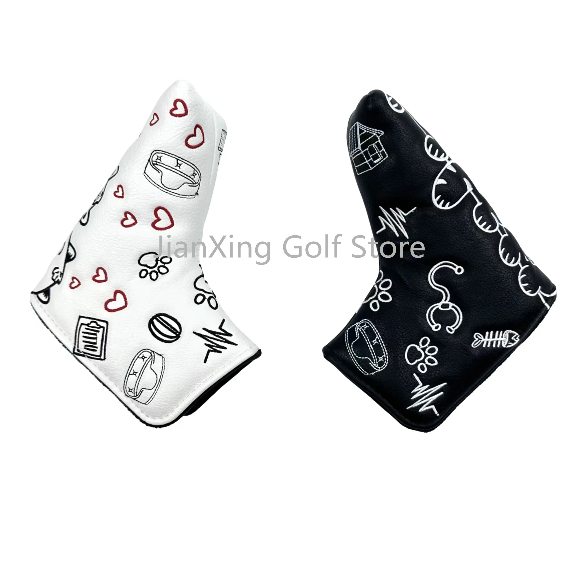 Heart shaped kitten pattern L-shaped Golf Club Blade Putter Covers Magnet Closed Styles PU Leather