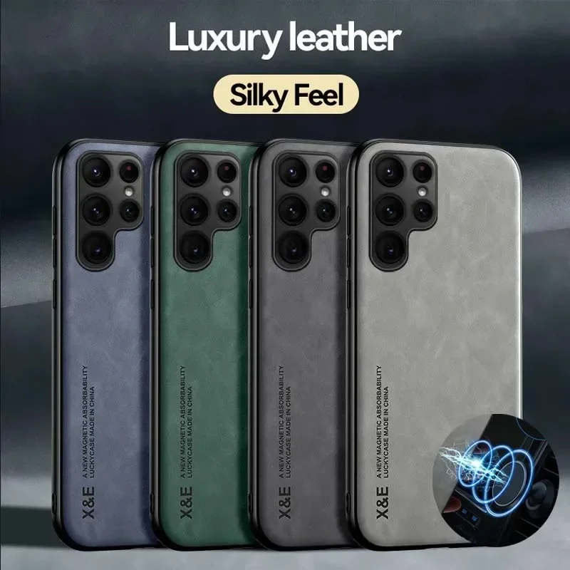 Luxury Leather Case for Samsung S25 S24 S23 Ultra Plus S24 FE A16 A15 A56 A55 A36 A35 5G Cover with Metal Plate Support Car Hold