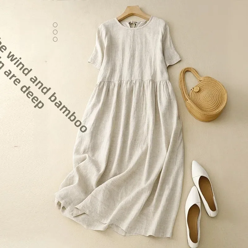 2024 Summer New Simple Cotton Linen Dress Artistic Round Neck Medium Sleeve Belted Long Dress Fashionable Casual Style