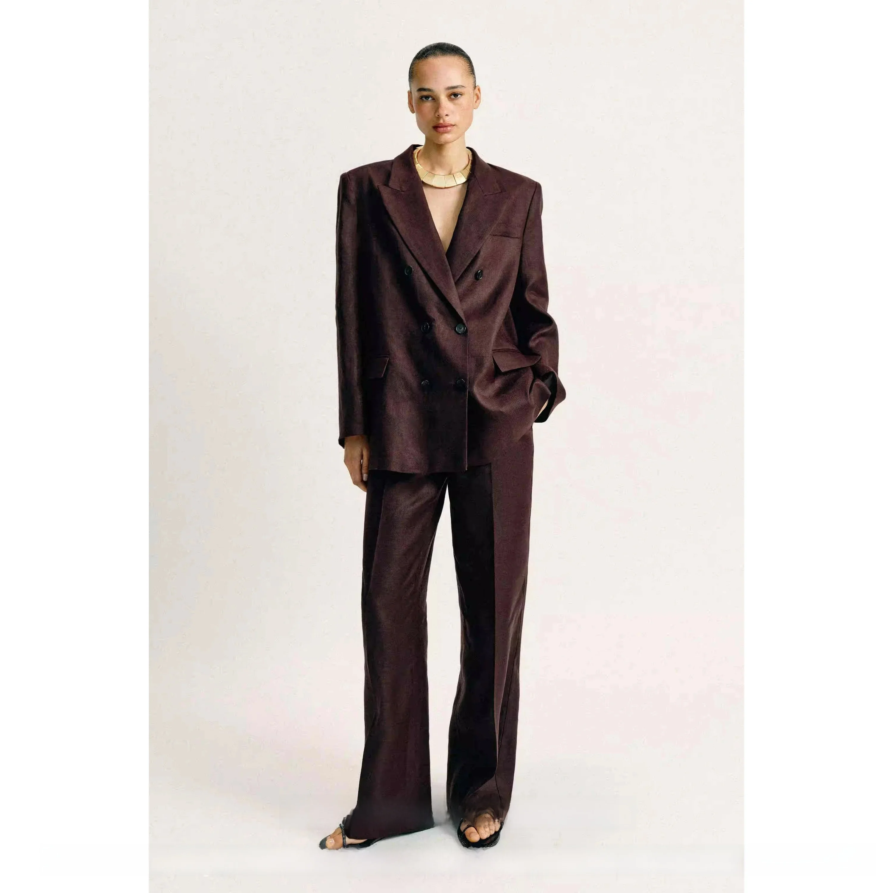 Elegant Women's Long Sleeve Linen Shoulder Pad Suit Jacket Straight Leg Pants Spring Summer New Arrival Double Breasted