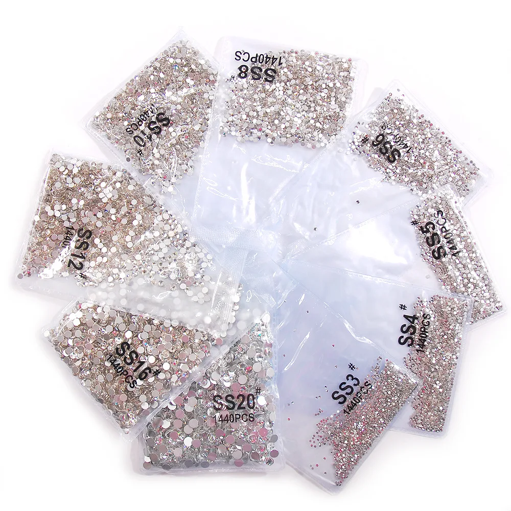 SS3-40 Clear White AB Crysta FlatBack Glass Rhinestones Non-HotFix for Nail Art Decorations Flat Back Crystal