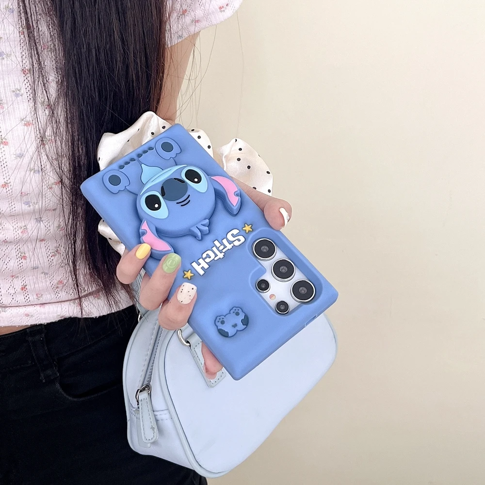 For Samsung S23 FE S24 Ultra S20 S21 S22 Plus A54 5G 3D Cartoon Stitch Grip Tok Stand Holder Silicone Phone Case - náhled 3