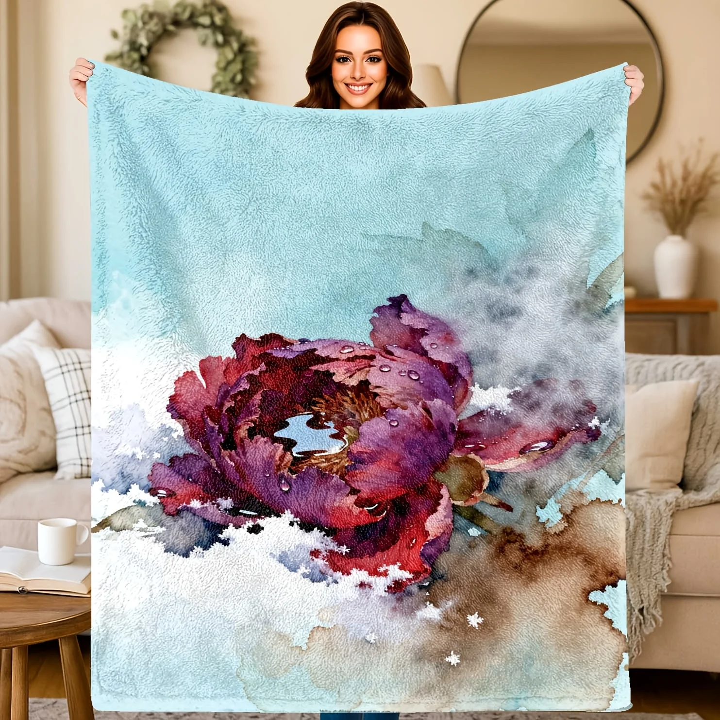 Purple Red Peony Flower Throw Blanket Watercolor Botanical Art Soft Cozy Wrap For Elegant Living Room And Romantic Bedroom Decor
