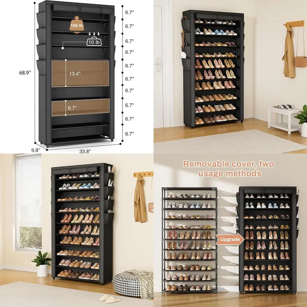 

10-Tier Shoe Rack with Cover for 50-55 Pairs, Large Capacity Storage, 8 Pockets, Freestanding Organizer for Closets, Entryways,