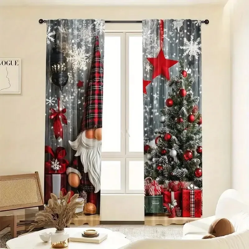 2PCS Digital Print Curtains, Plaid Christmas Gnome Tomte Xmas Tree Gifts Stars, Rustic Holiday for Living Room Bedroom Decor