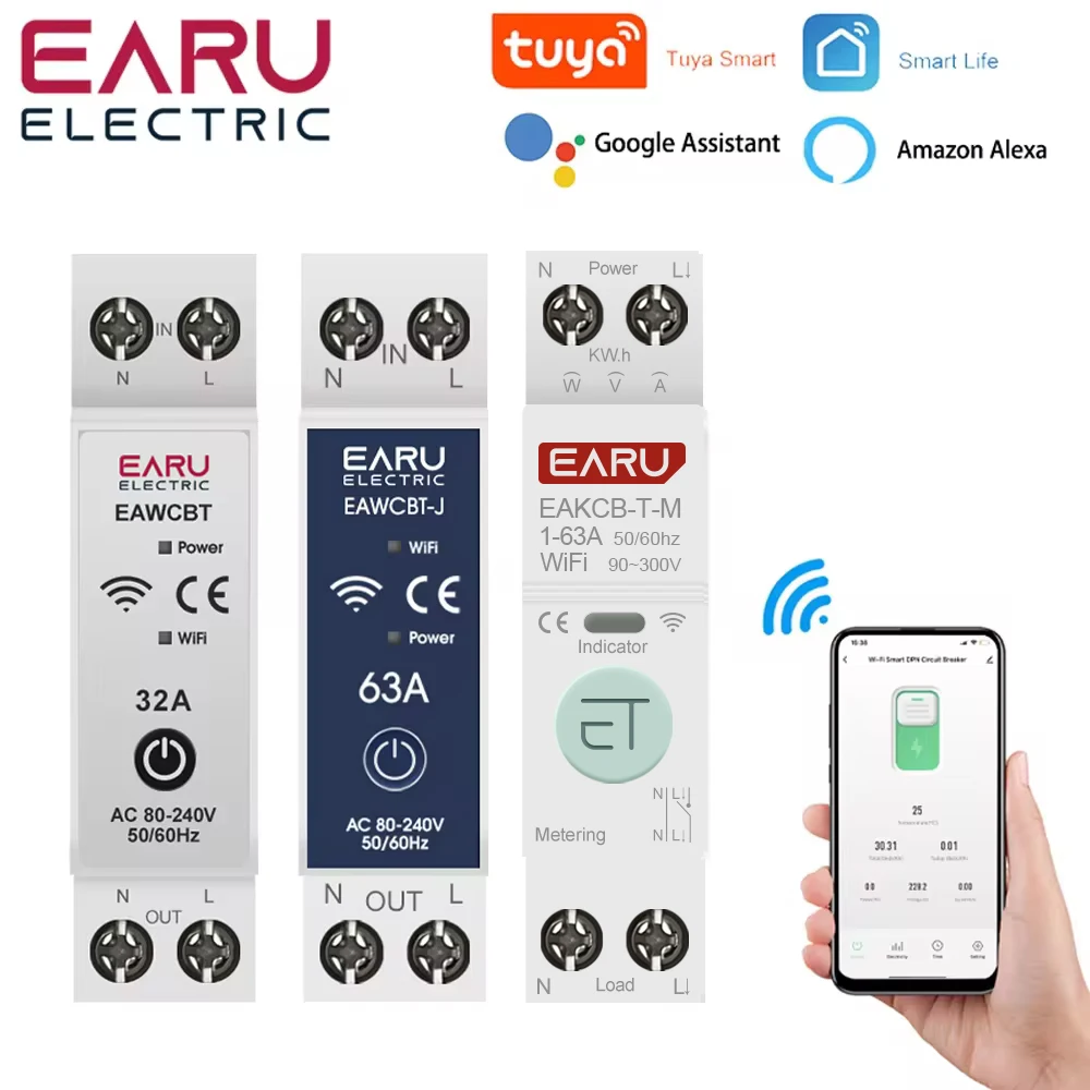 Tuya WiFi Smart Circuit Breaker MCB Timer 1P+N 63A Power Energy kWh Voltage Current Meter Protector Voice Remote Control Switch