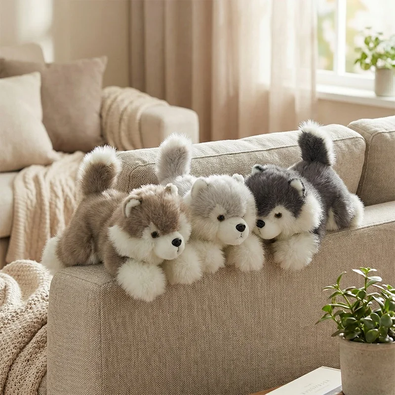 Cute Fluffly Simulation Alaskan Malamute Plush Toys Stuffed Animal Lying Lifelike Husky Model Plushie Doll for Girls Gifts Decor