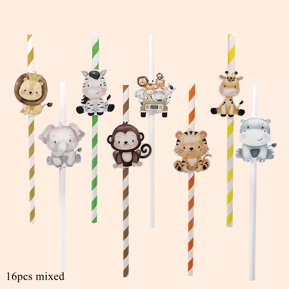 16 Stuks Karton Wild Dier Rietjes Eco Papier Rietjes Voor Kinderen Baby Douche Jungle Safari Gelukkige Verjaardag Feestdecoraties